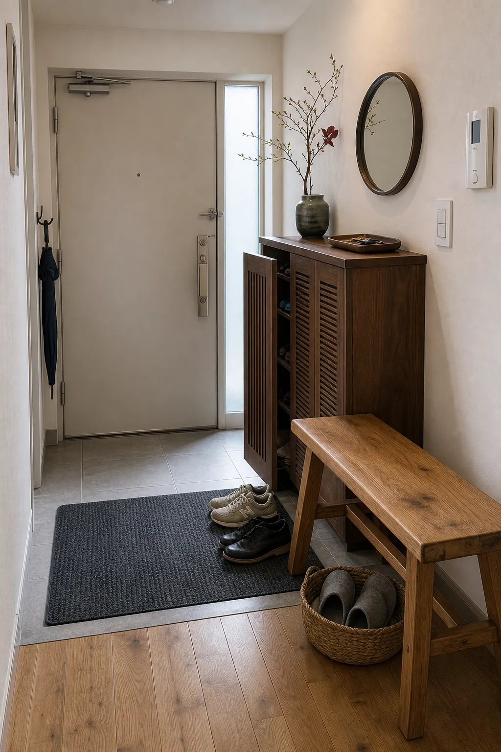 Asian inspired entryway with shoe cabinet and simple bench