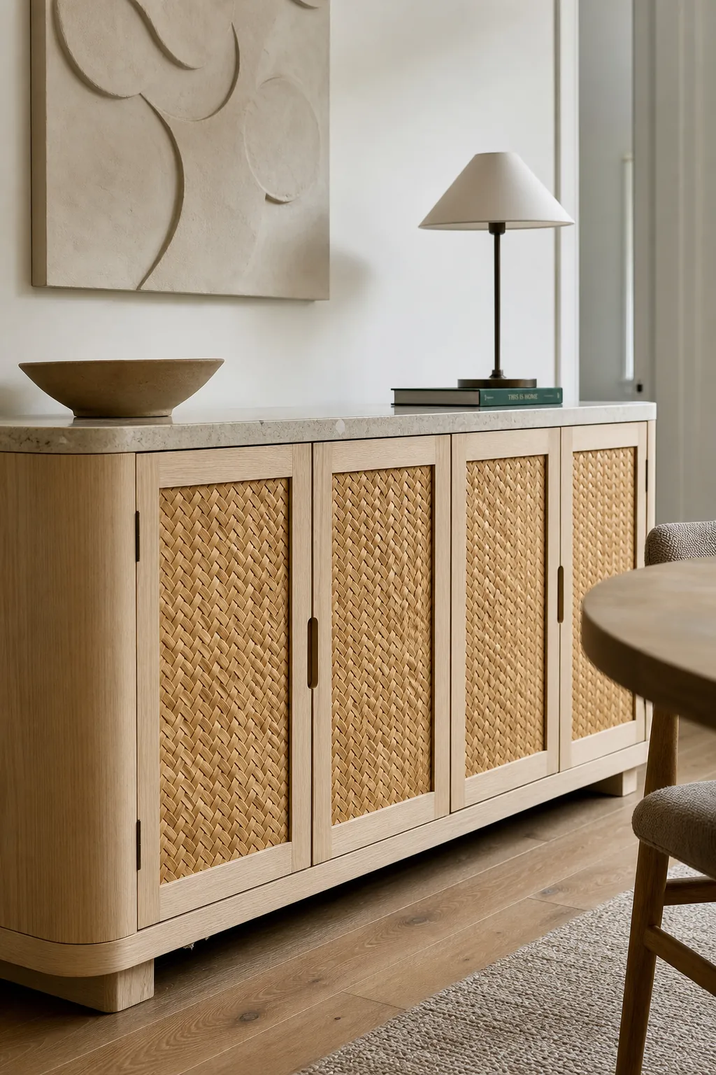 Woven bamboo cabinet detail in an Asian inspired home