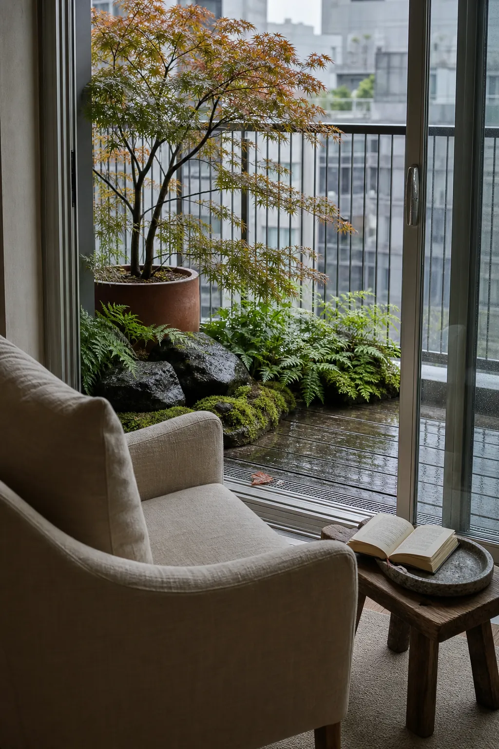Living room framing a serene planted balcony view