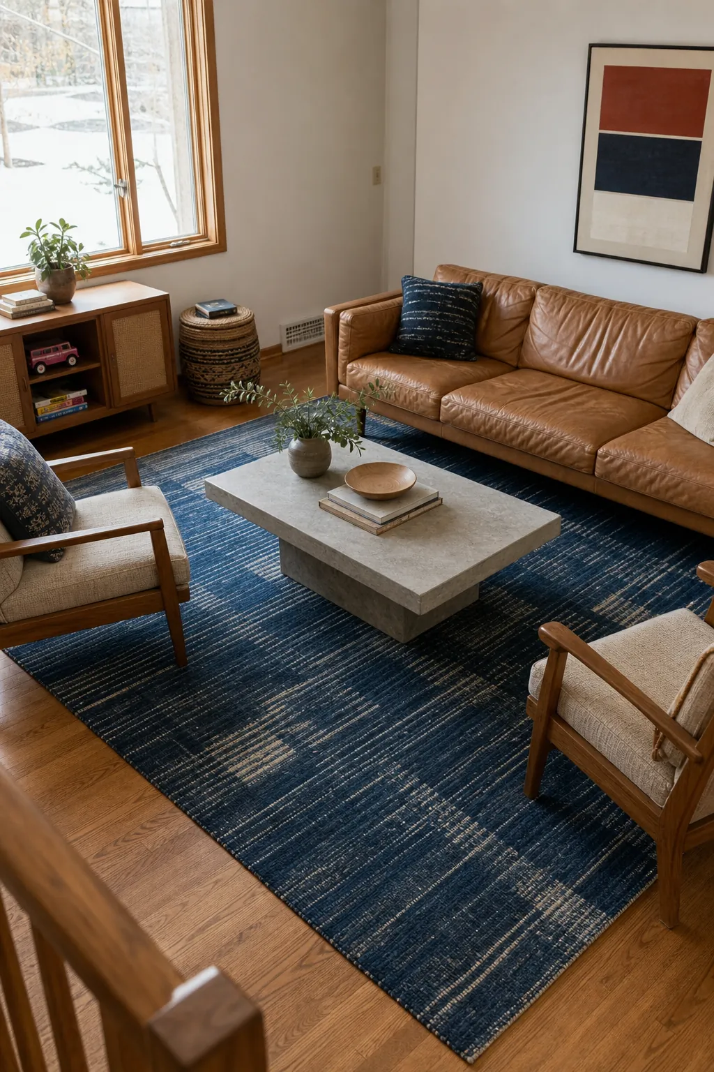 Indigo flatwoven rug grounding an Asian inspired living room