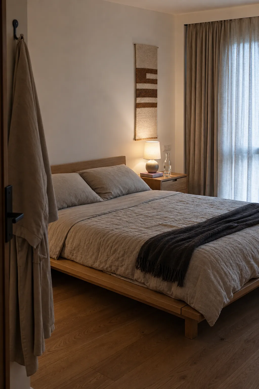 Quiet Japanese inspired bedroom with tactile neutral layers