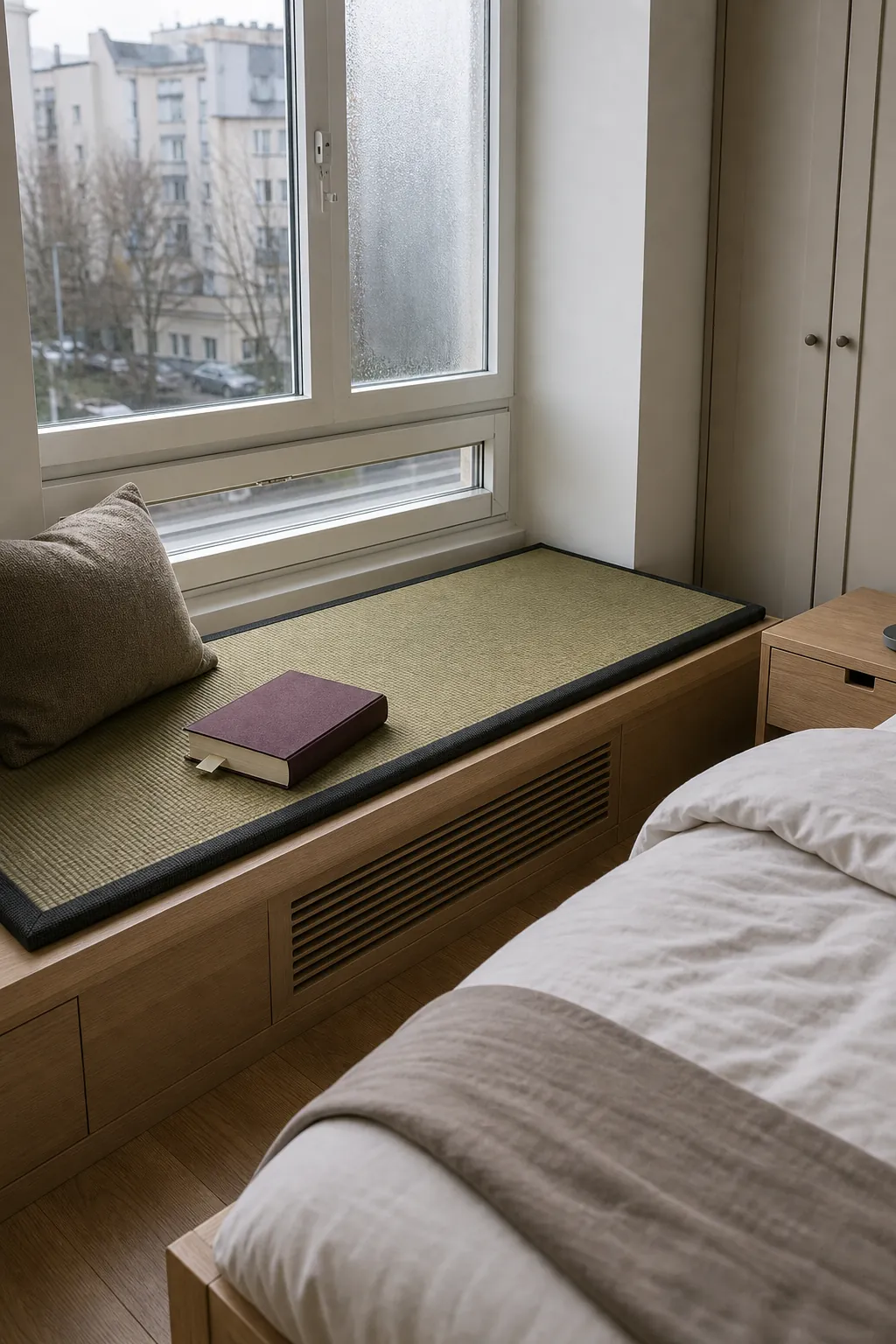 Modern bedroom using subtle tatami texture