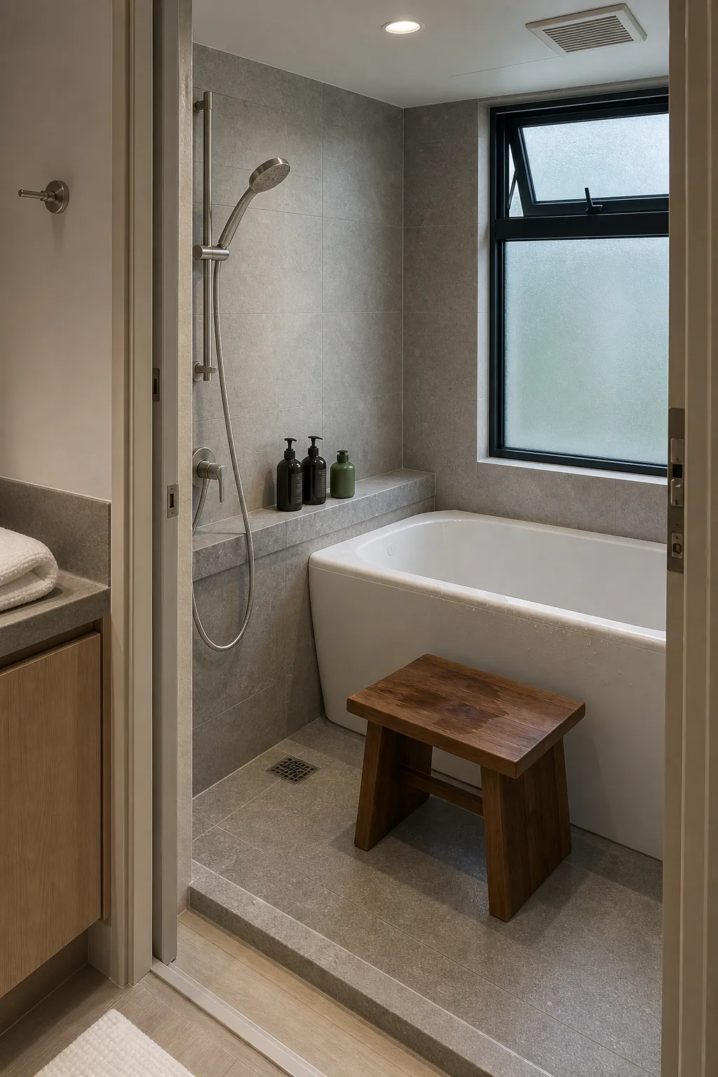 Asian inspired bathroom with soaking tub and timber stool