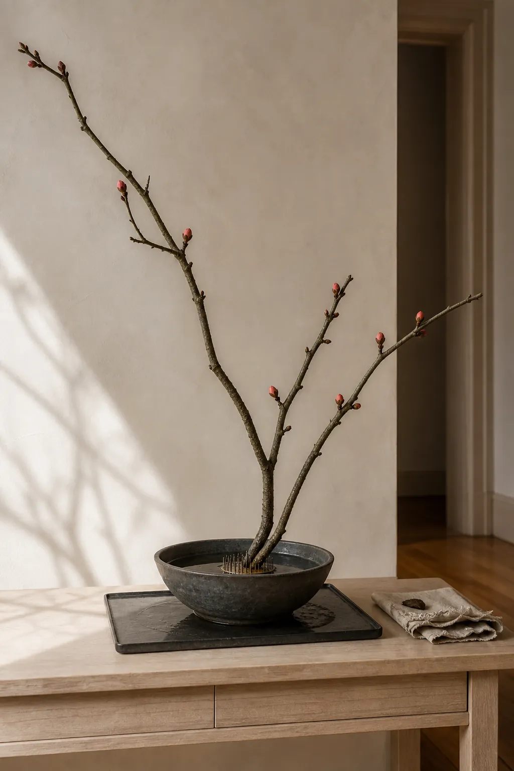 Ikebana inspired branch arrangement on a simple console