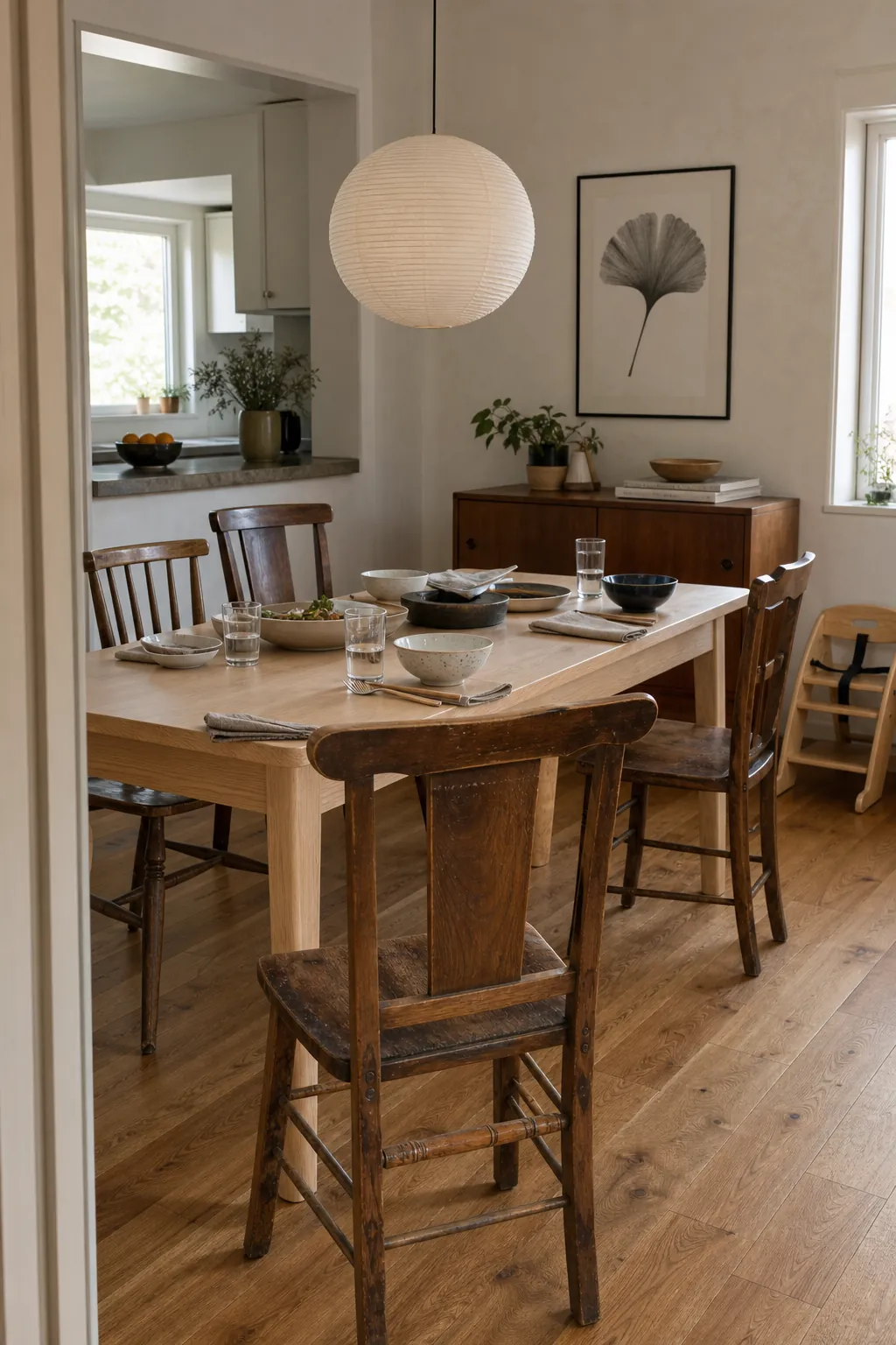 Modern Asian dining room mixing vintage chairs and new table