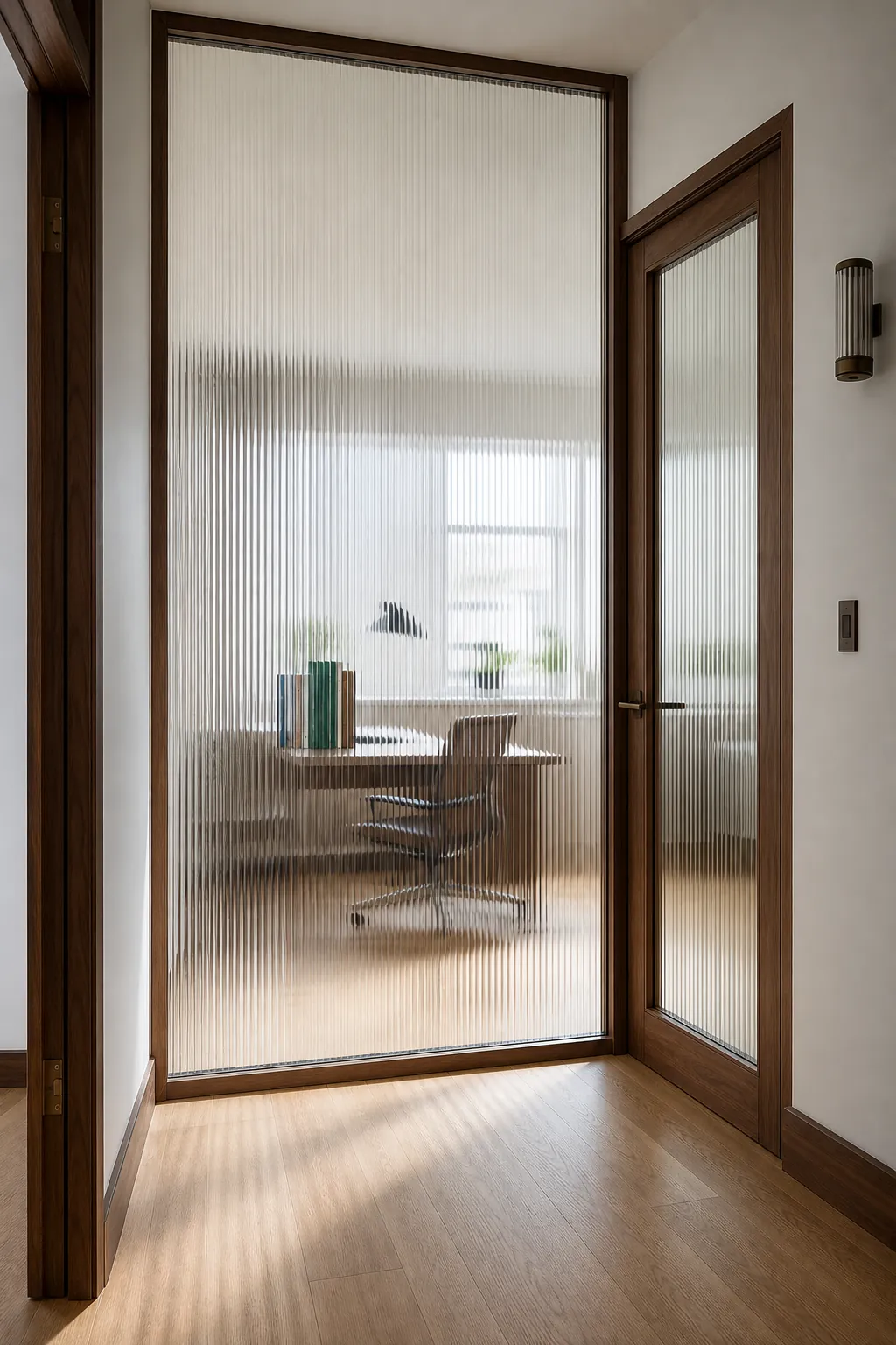 Fluted glass partition with timber framing in modern Asian decor