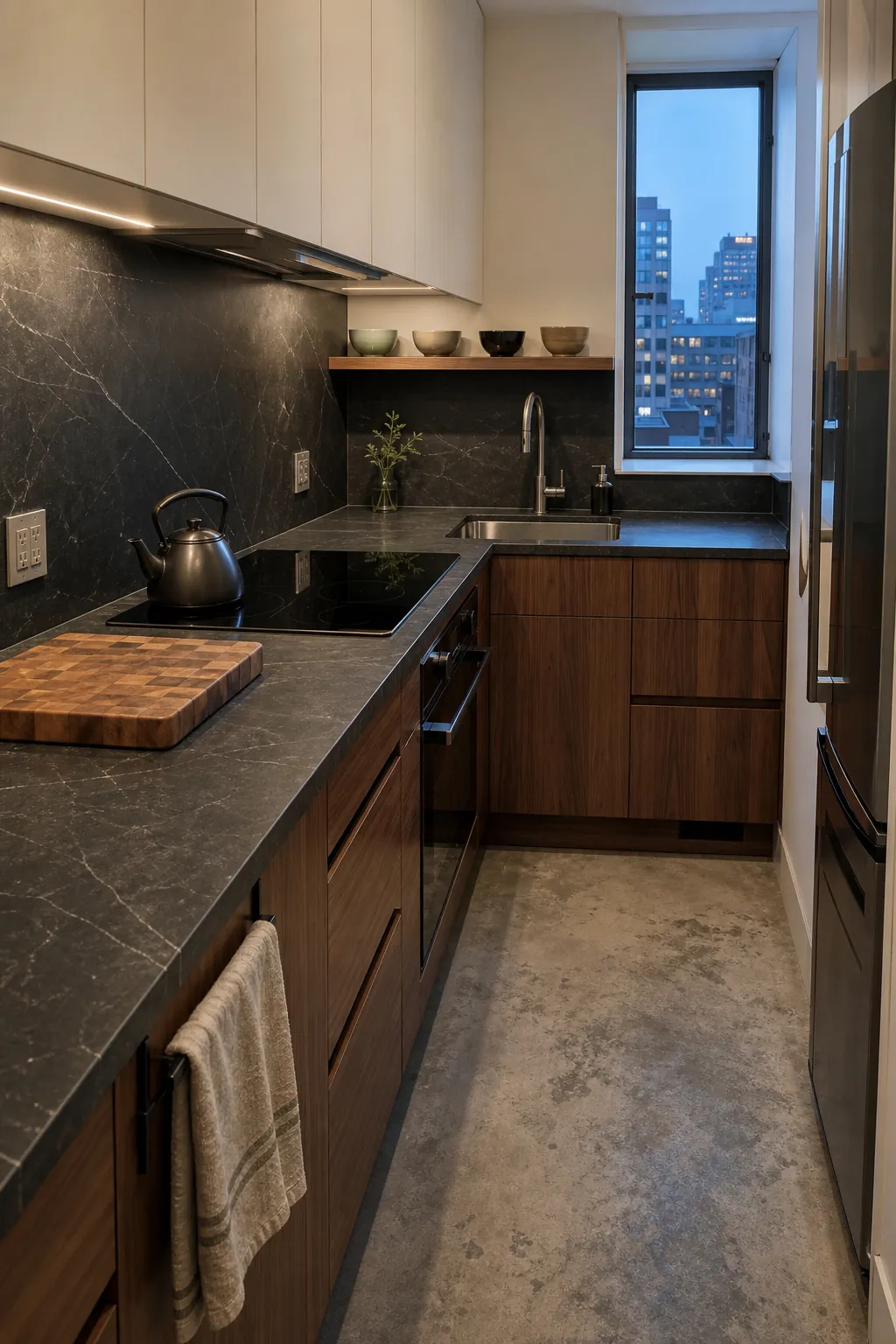 Modern Asian kitchen with honed stone and wood cabinetry