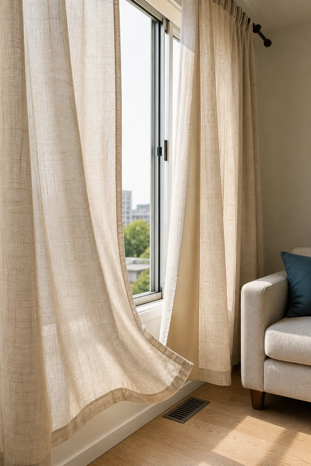 Airy linen curtains in an Asian inspired living room