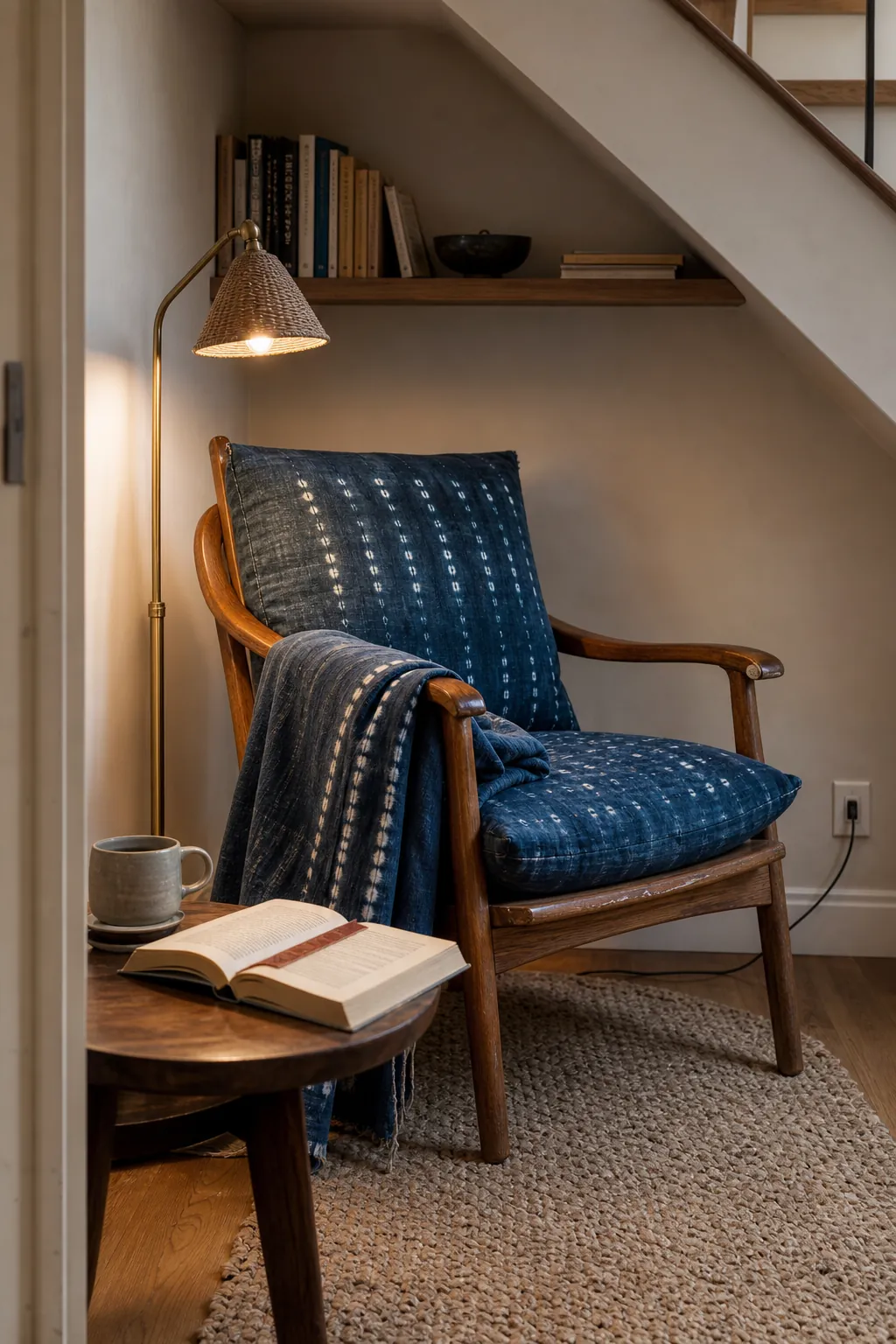 Reading nook with indigo textile and warm wood chair