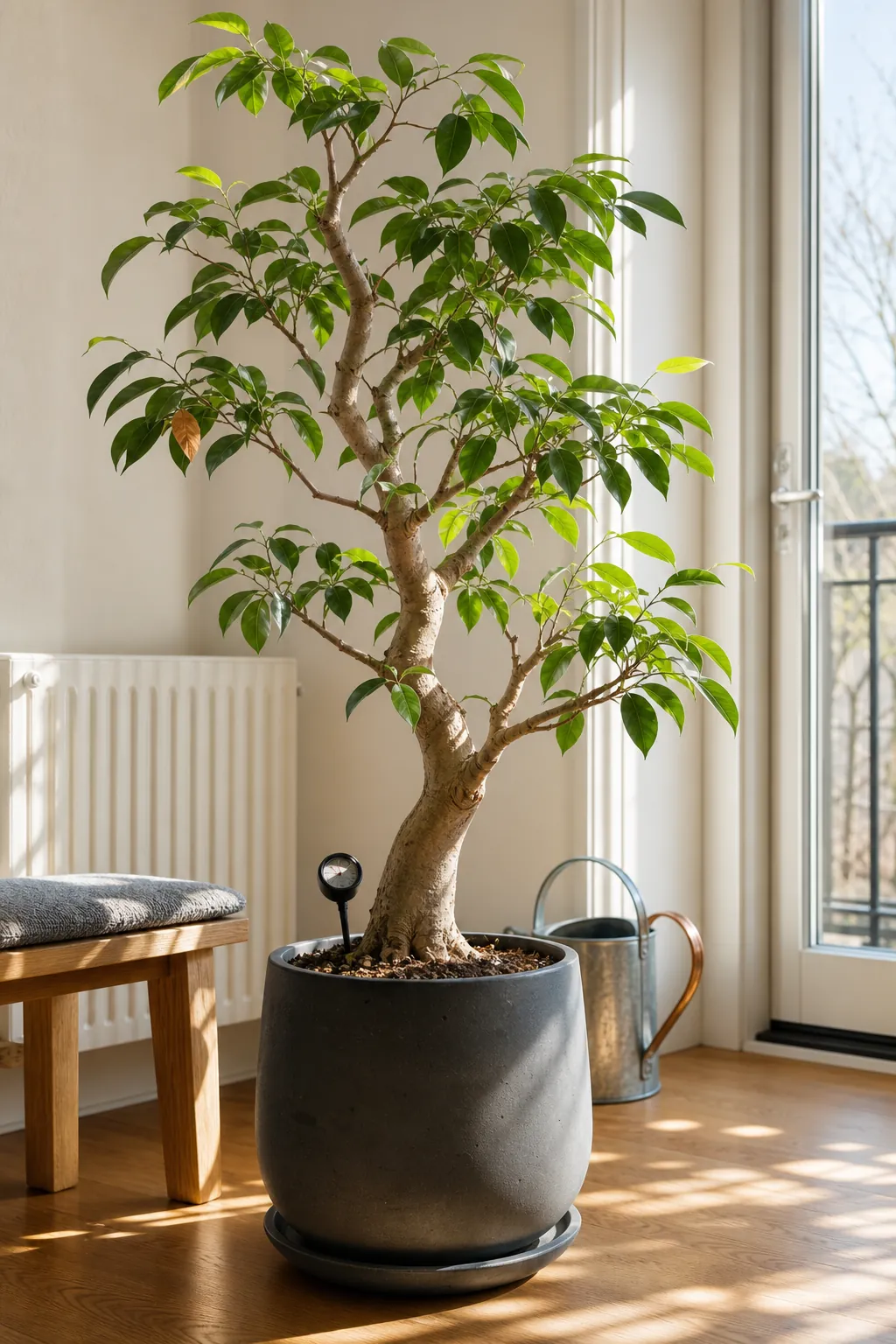 Sculptural potted plant in a restrained Asian inspired room