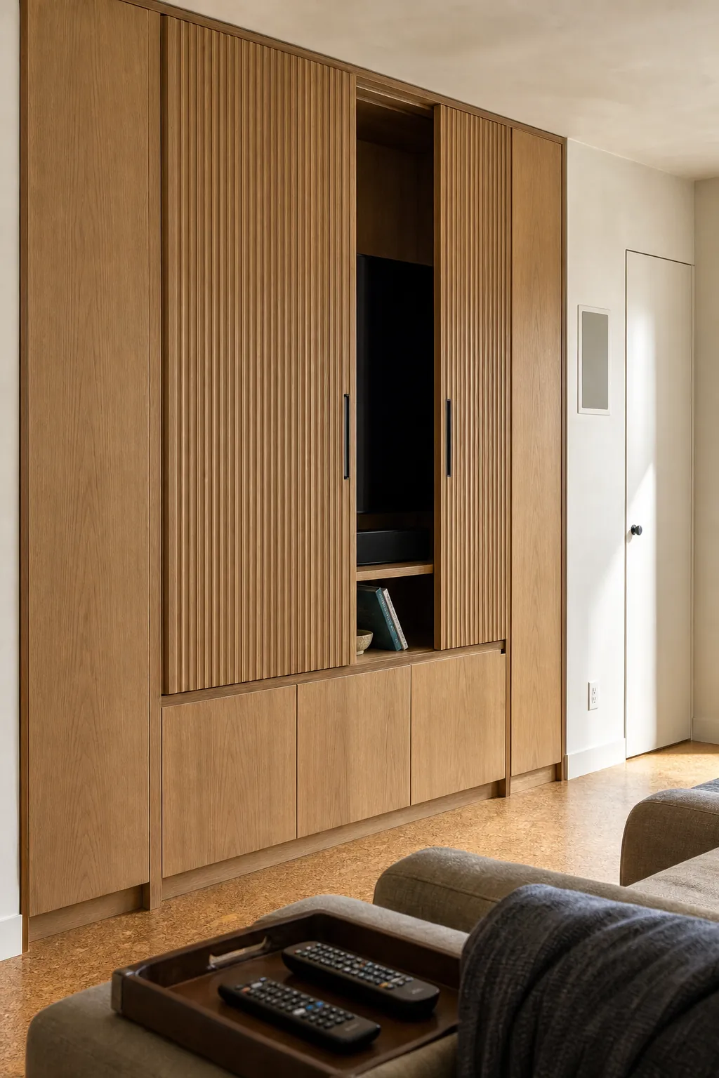 Vertical wood joinery detail in a contemporary Asian home