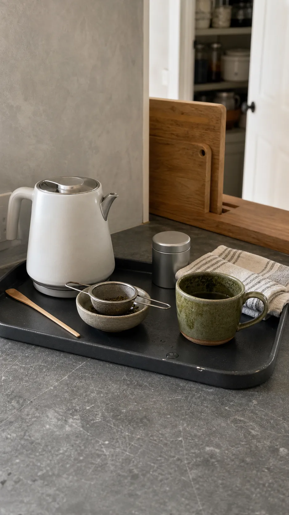 Organized daily tea tray with kettle cup infuser and leaf dish