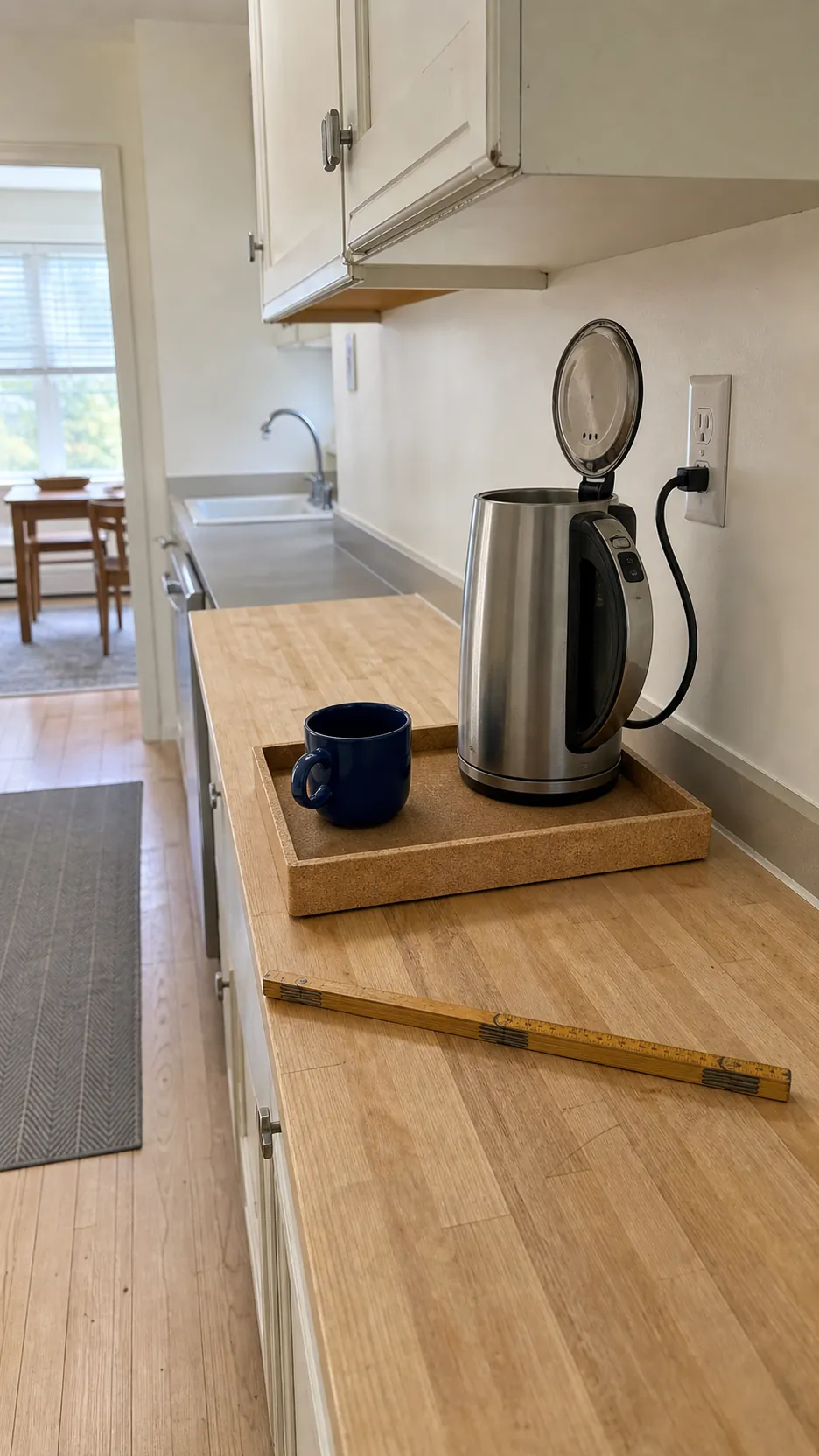 Small tea corner in a dry kitchen zone with safe kettle placement