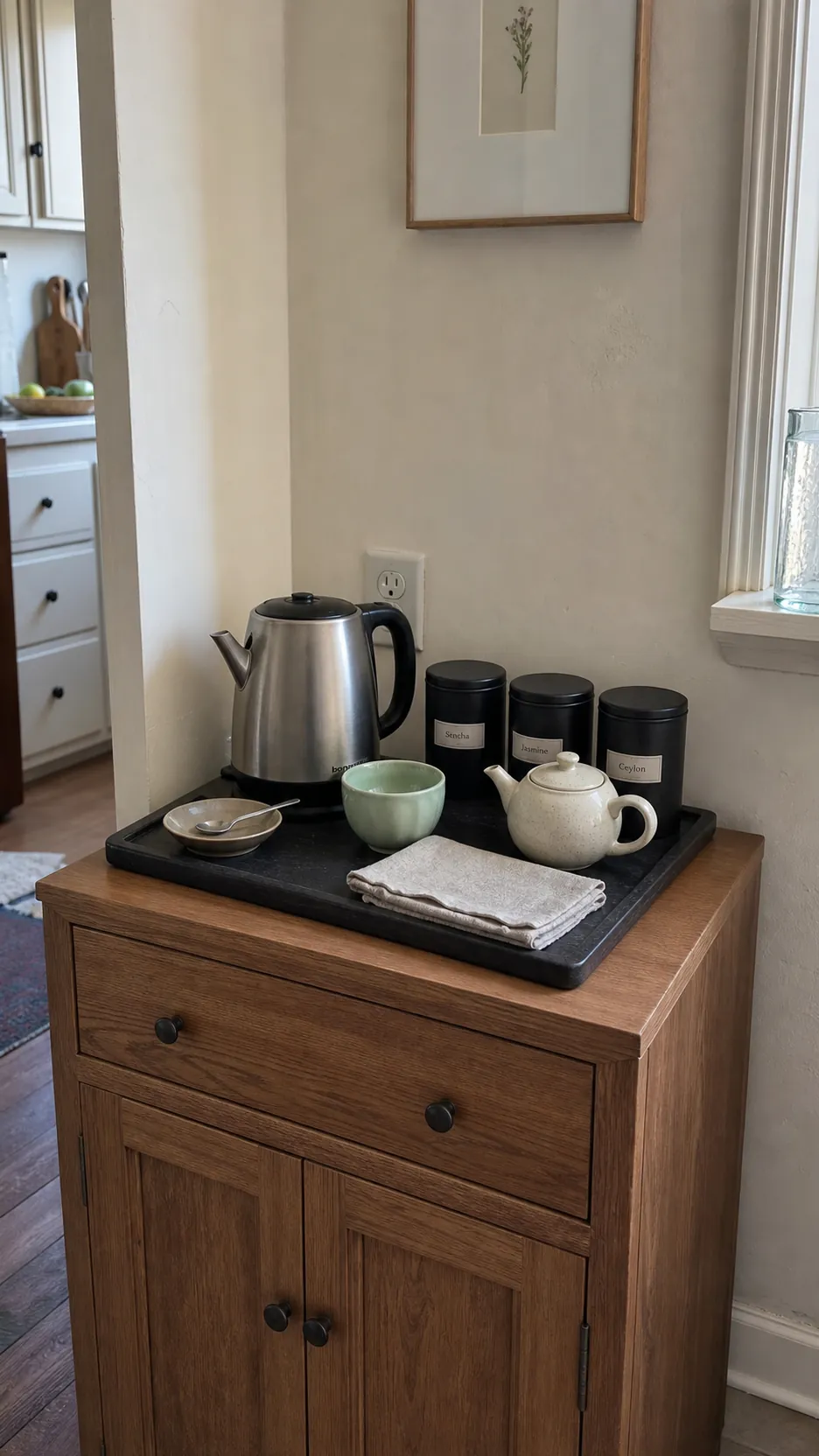 Simple beautiful tea corner with a wooden tray kettle and favorite cups