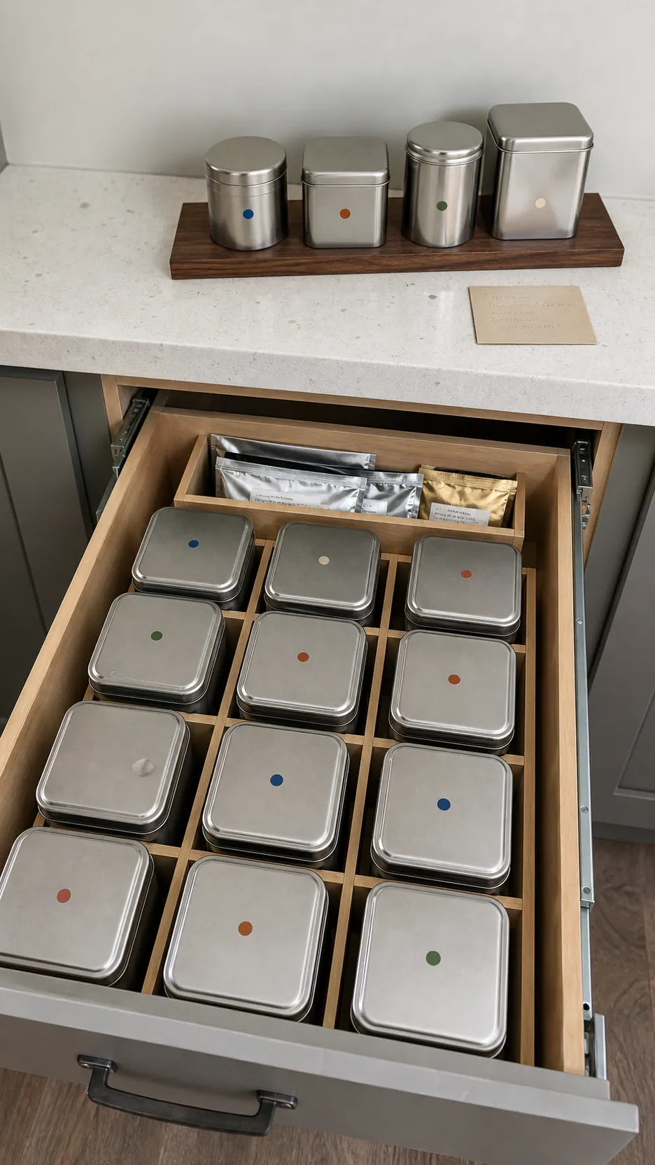 Labeled opaque tea tins stored in a drawer with a small weekly rotation