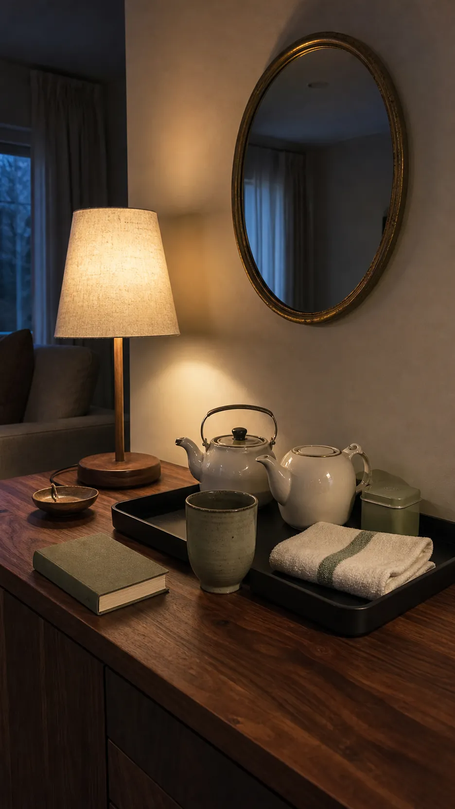 Warm evening tea corner with a shaded lamp and repeated sage accents
