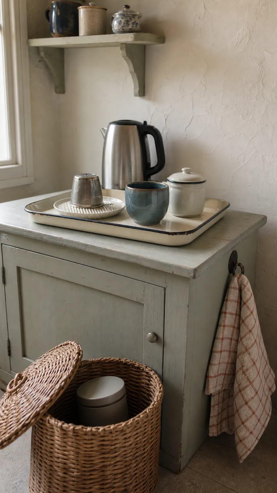 Clean tea corner after a simple two-minute reset with cloth and storage basket