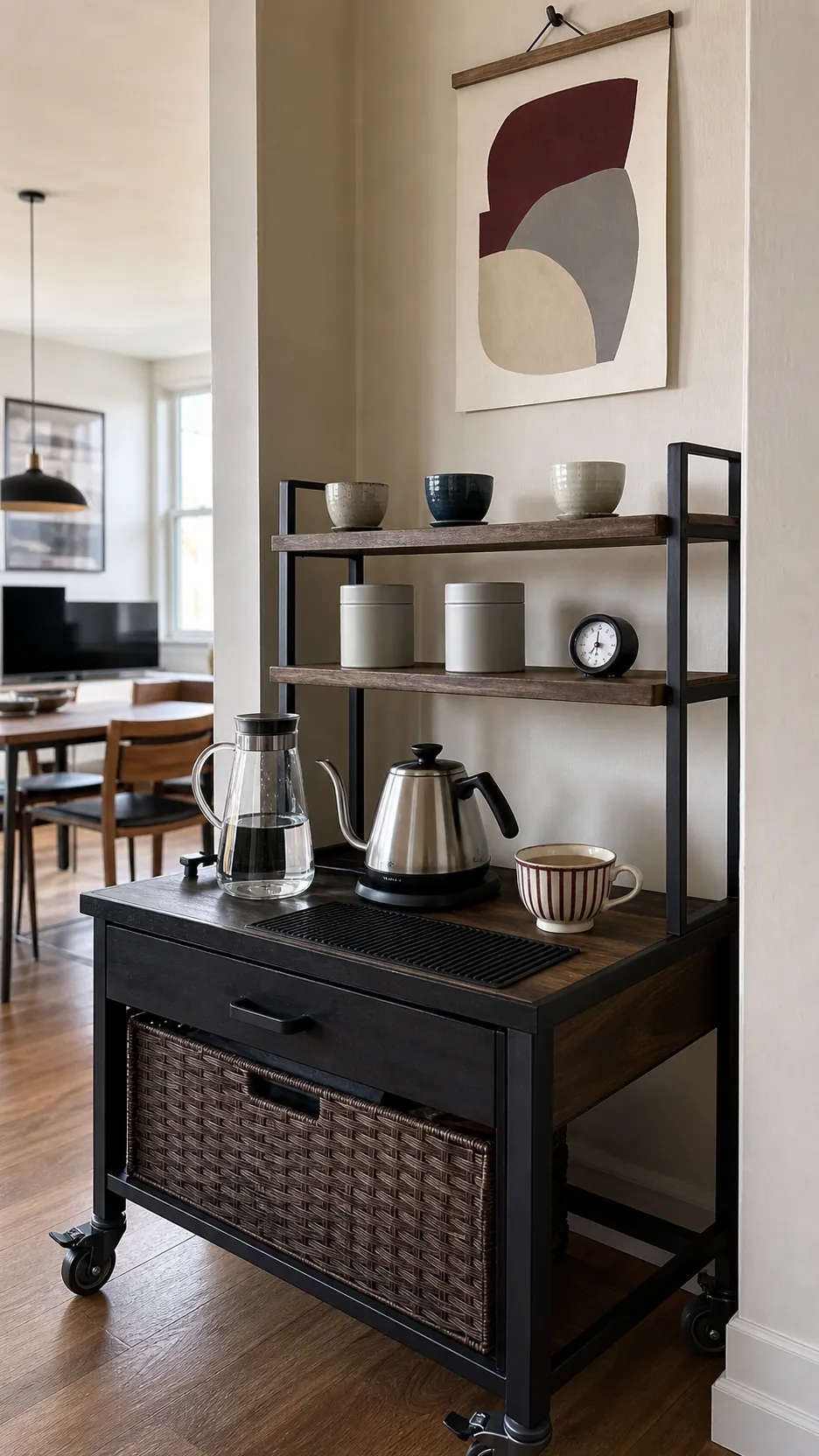 Compact vertical tea shelf with cups tins and an open pouring surface