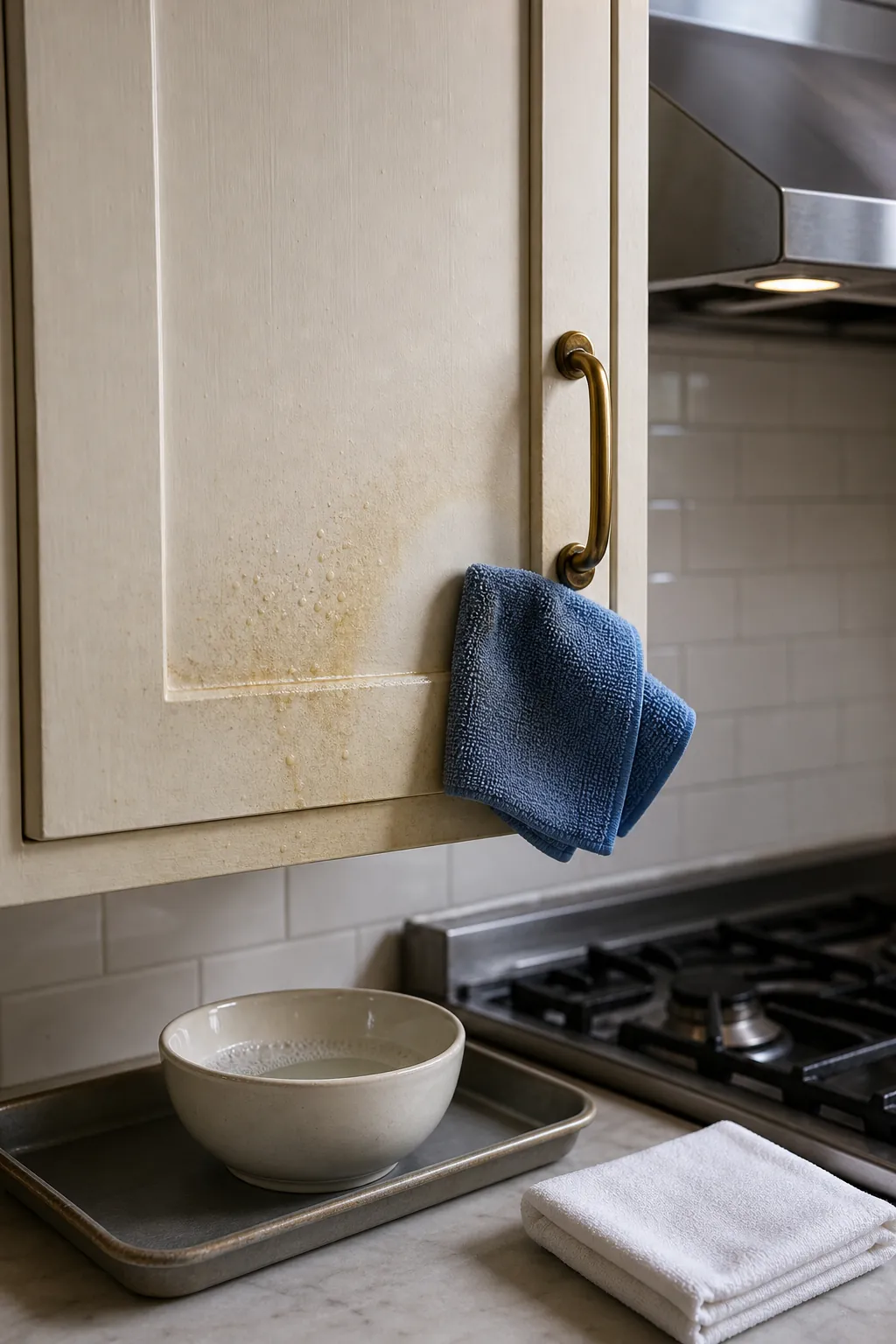 Greasy cabinet near the stove cleaned gently with a damp microfiber cloth