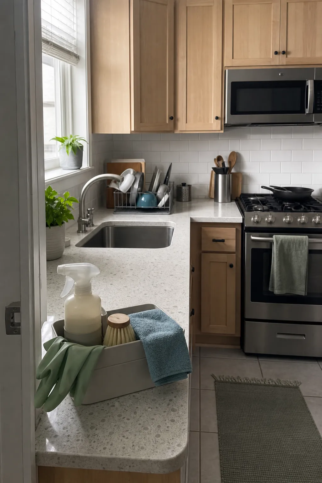 Bright practical kitchen with clear counters and a compact cleaning caddy
