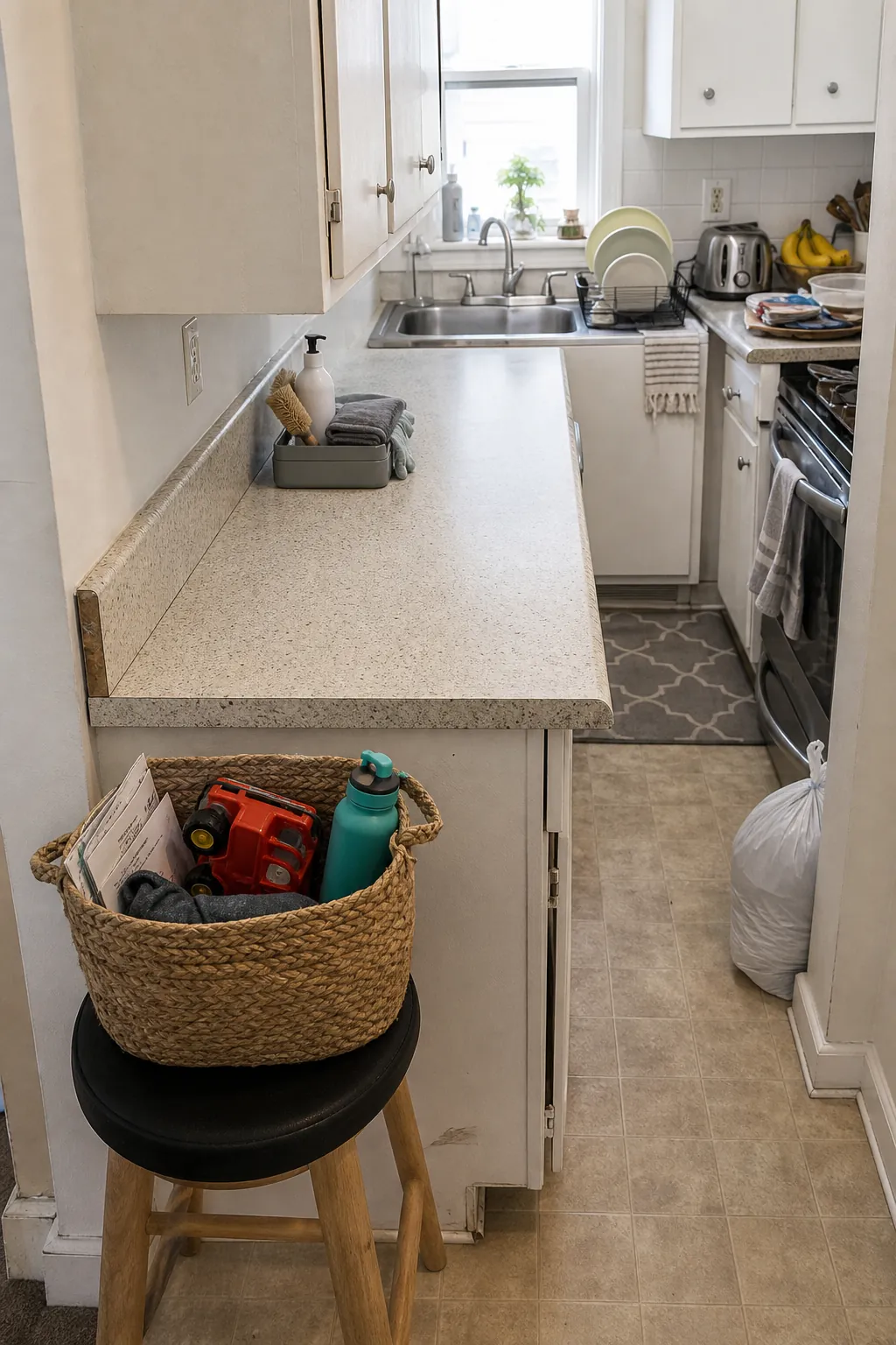 One cleared kitchen counter with a sorting basket and simple cleaning caddy