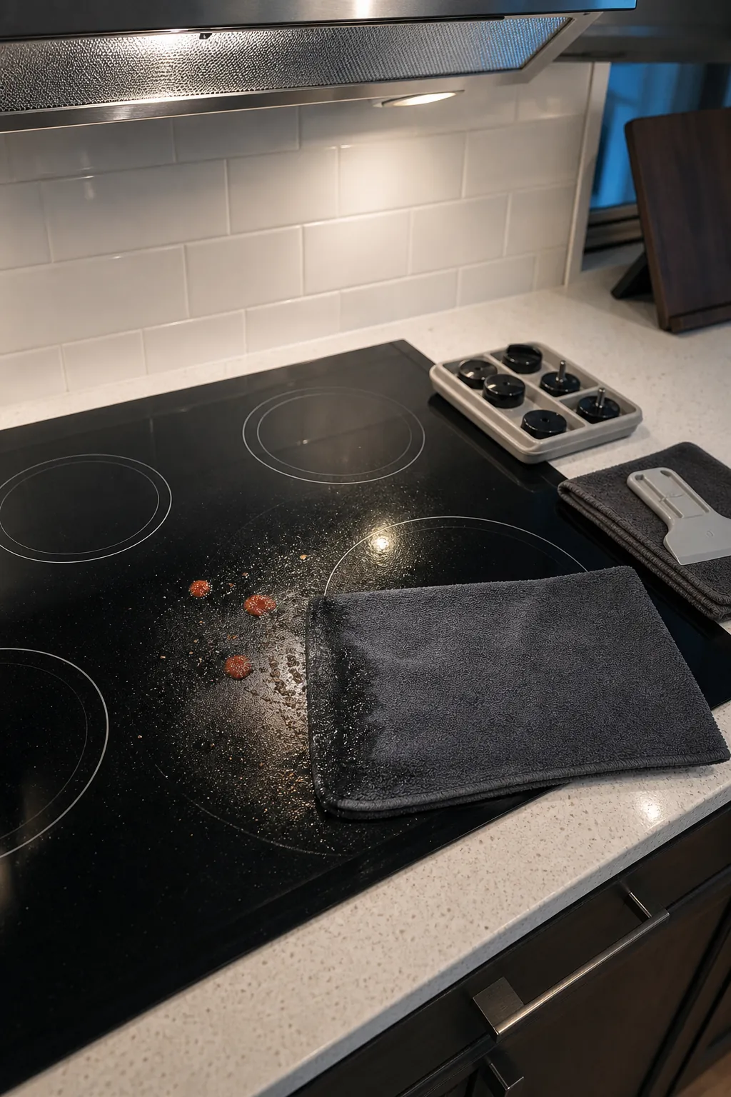 Warm damp cloth loosening cooked-on splatter from a cool kitchen cooktop