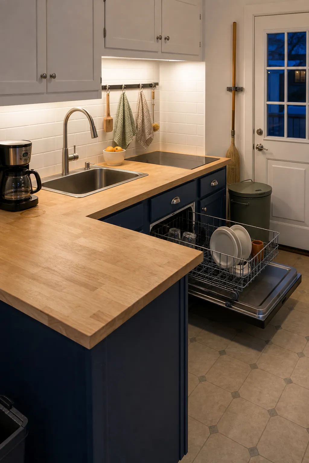 Small kitchen after a simple nightly reset with clear counters and drying cloths