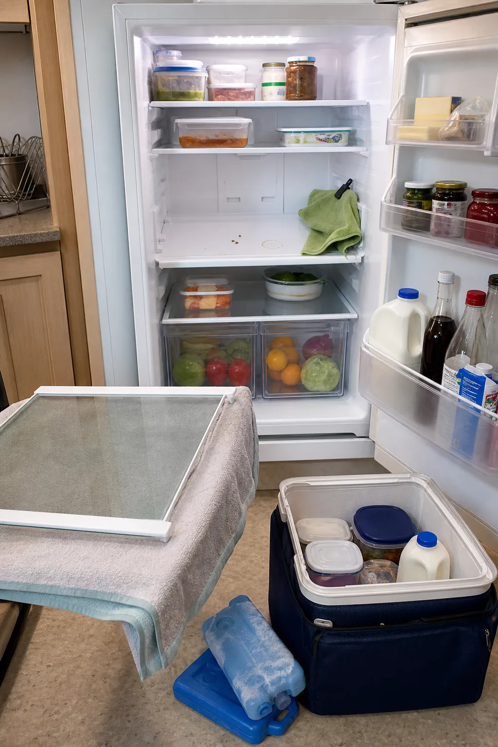 One refrigerator shelf emptied and cleaned while food stays organized in a cooler