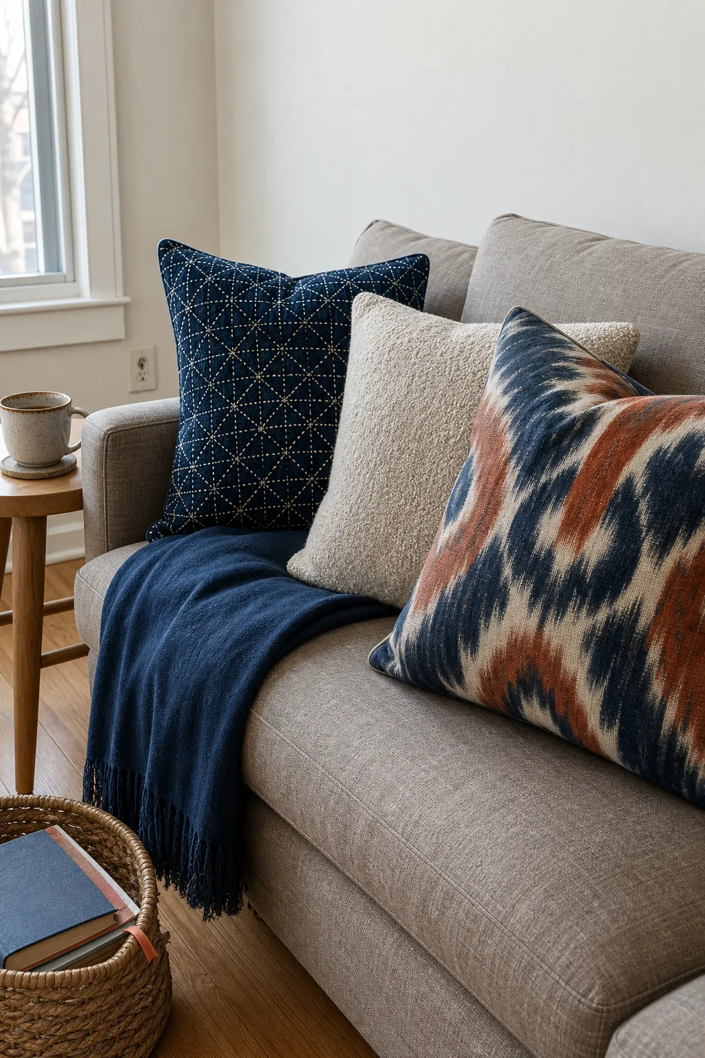 Ikat and sashiko inspired textiles mixed on an eclectic sofa