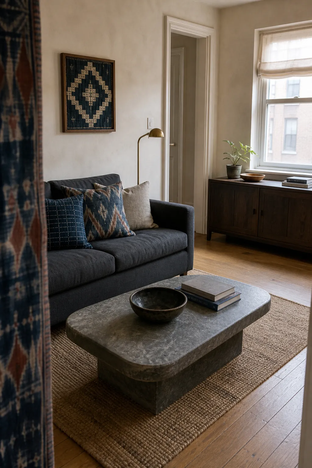 Asian eclectic living room anchored by indigo textiles and dark wood