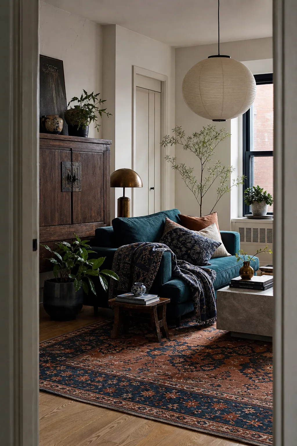 Layered Asian eclectic living room with indigo textiles, vintage wood, ceramics, and paper light