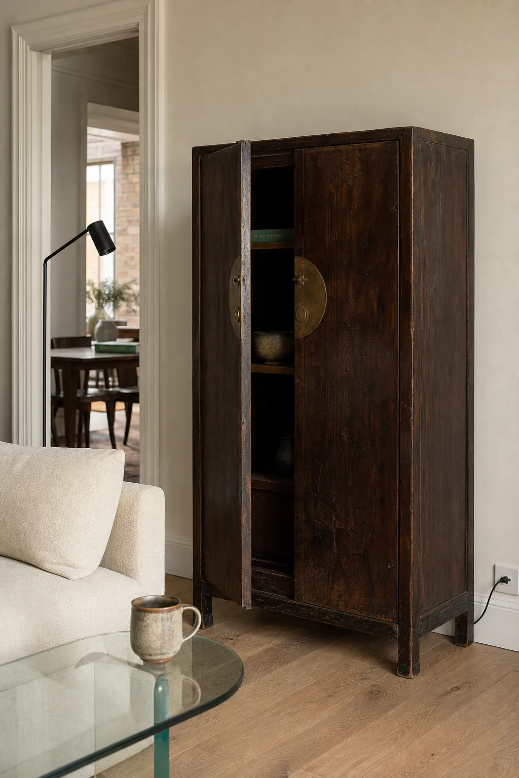 Vintage Chinese cabinet paired with a modern sofa