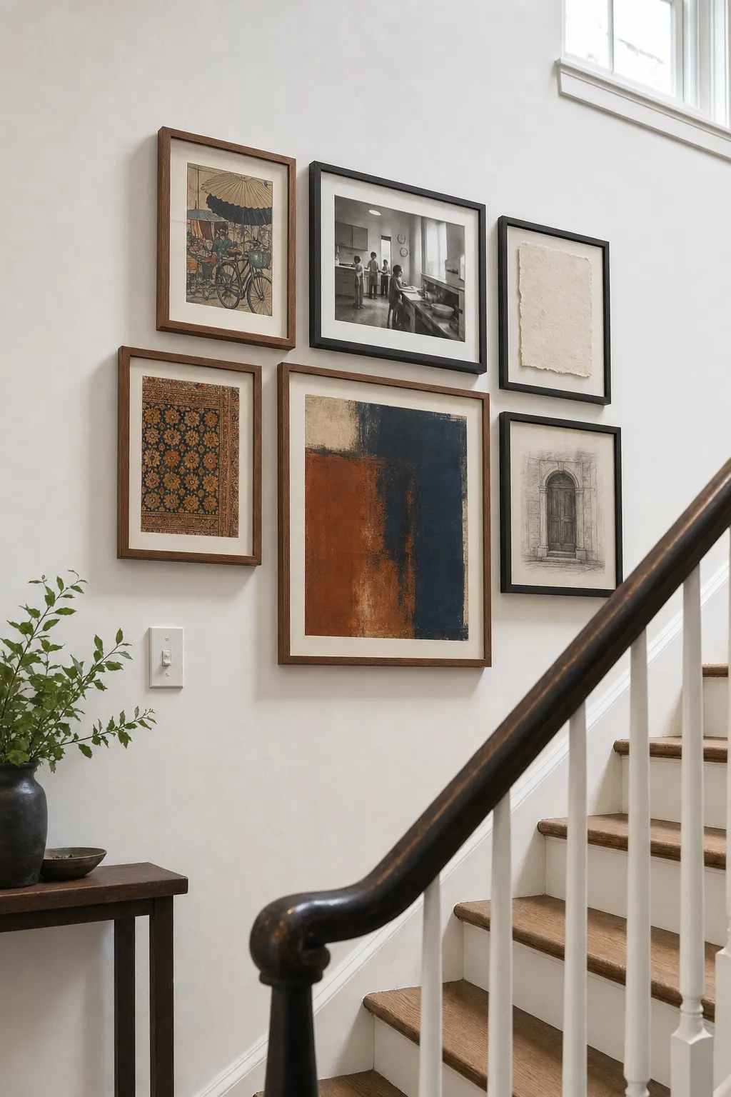 Eclectic gallery wall with woodblock textile and family photograph