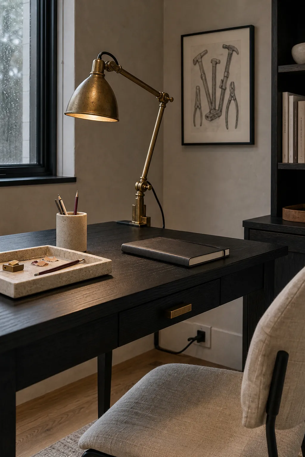 Aged brass accents beside blackened wood furniture