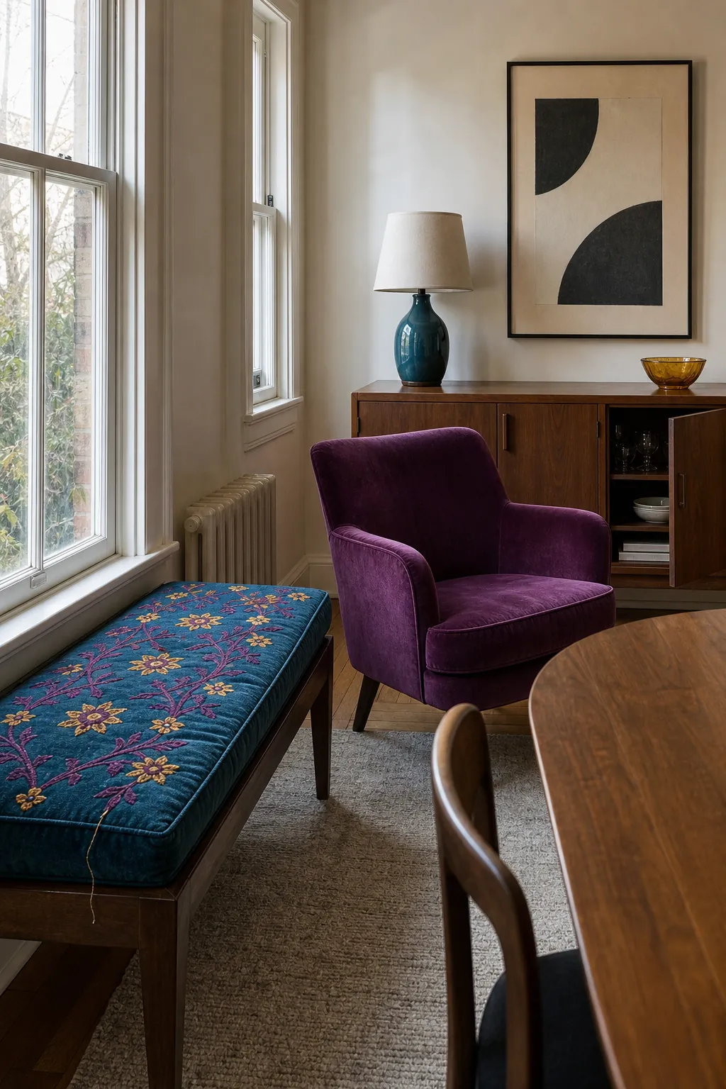 Asian eclectic room using teal plum and saffron jewel tones