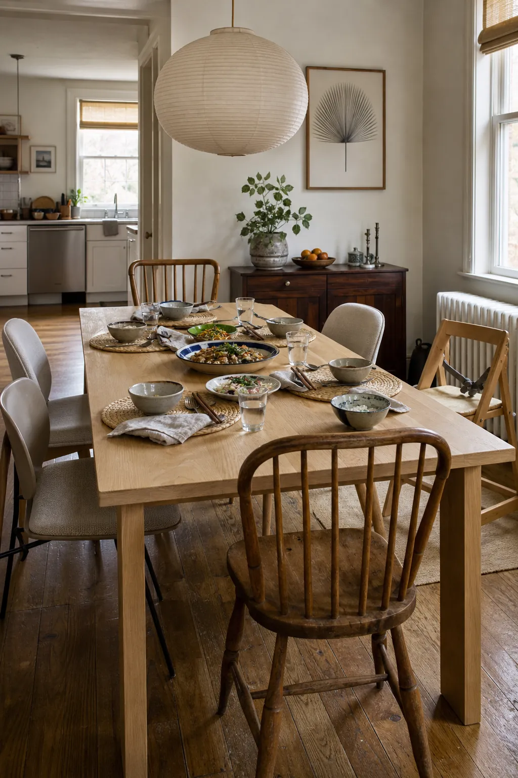 Collected Asian eclectic dining room with mixed chairs and ceramics