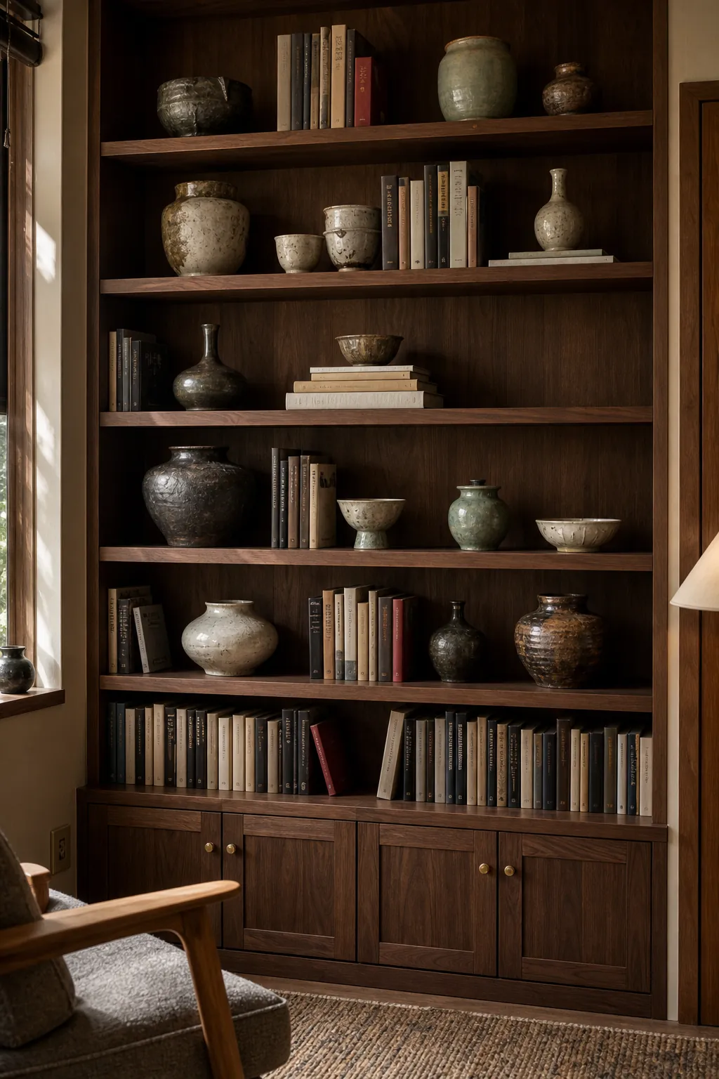 Japanese maximalism shelves with ceramics and books