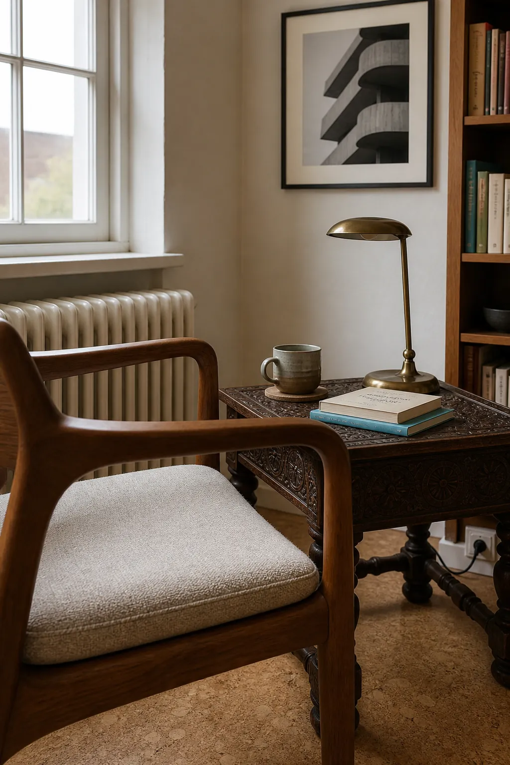 Mid century chair paired with a carved Asian side table