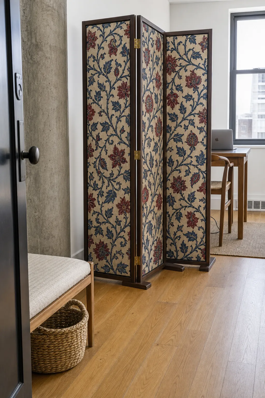 Block printed folding screen dividing an eclectic room