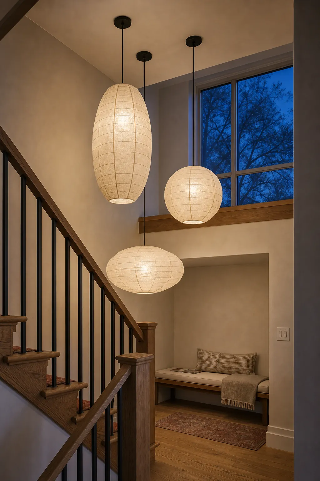 Cluster of sculptural paper lights in an eclectic interior