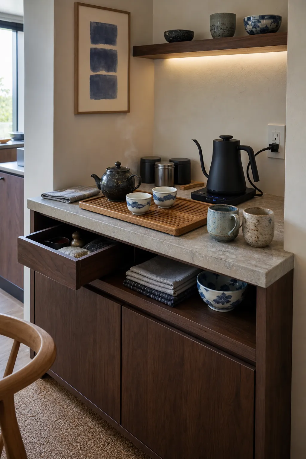Eclectic tea bar with mixed handmade ceramics