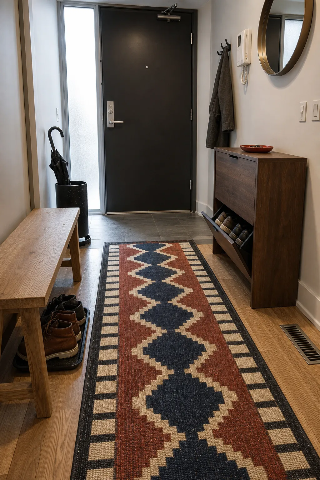 Bold patterned runner in an Asian eclectic entryway