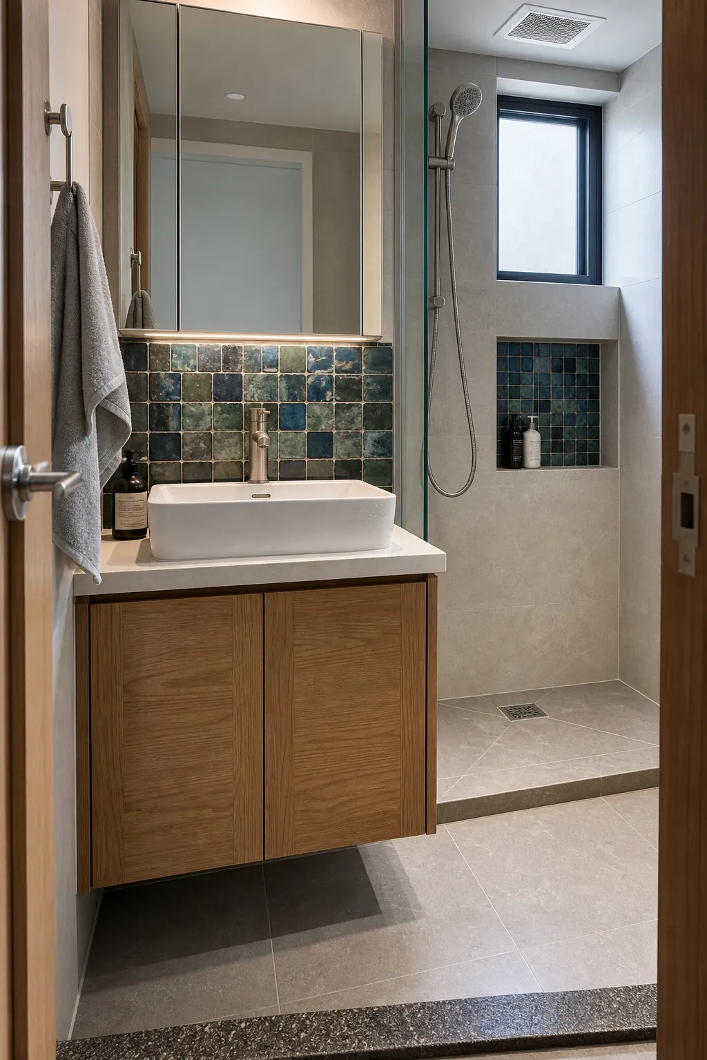 Asian eclectic bathroom with small format glazed tile accent