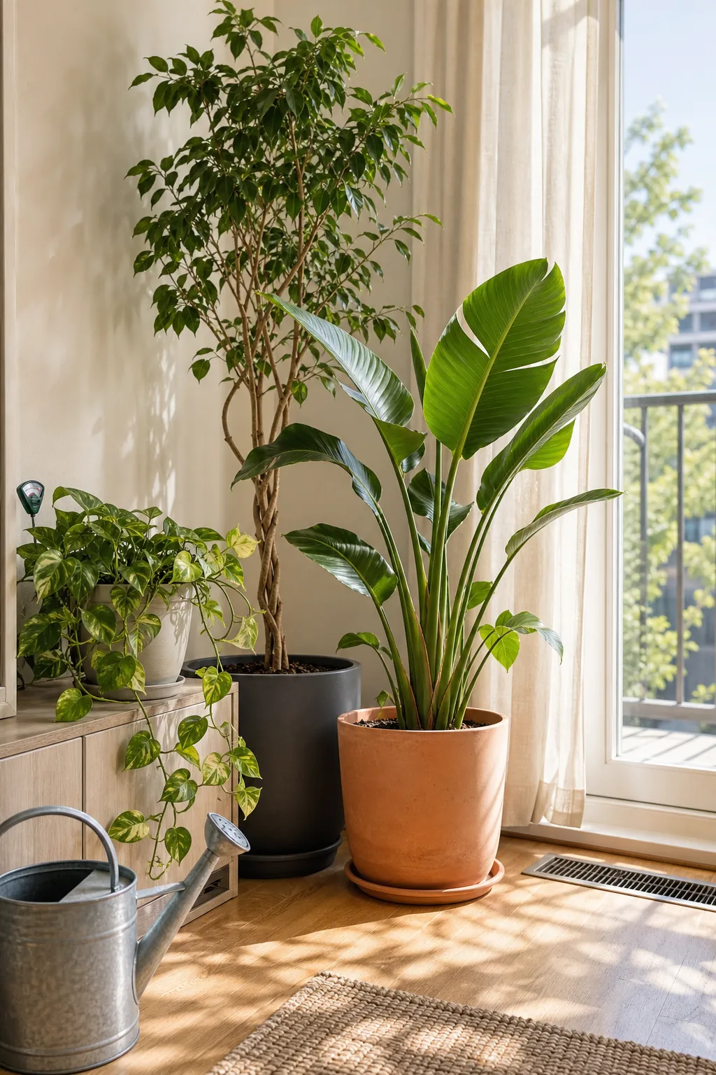 Three sculptural plants layered by leaf shape