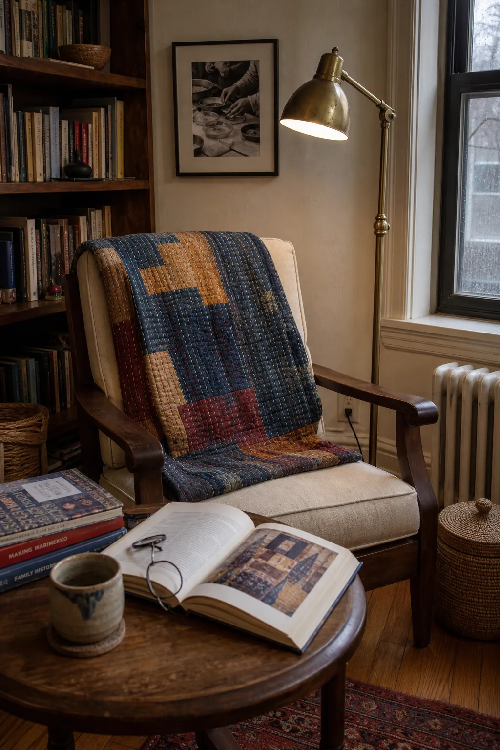 Personal eclectic reading corner with family textile and books