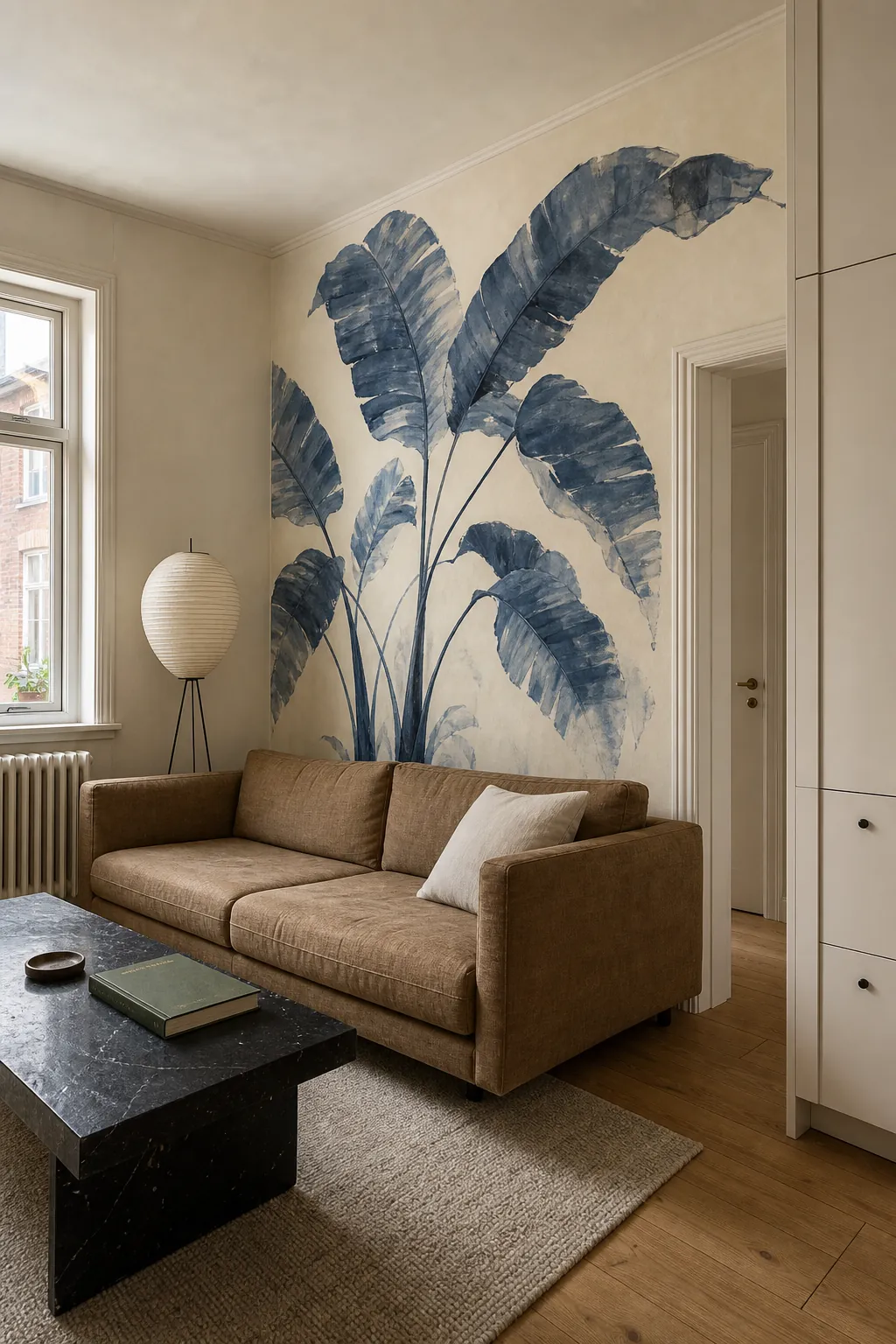 Hand painted indigo botanical mural with plain modern furniture