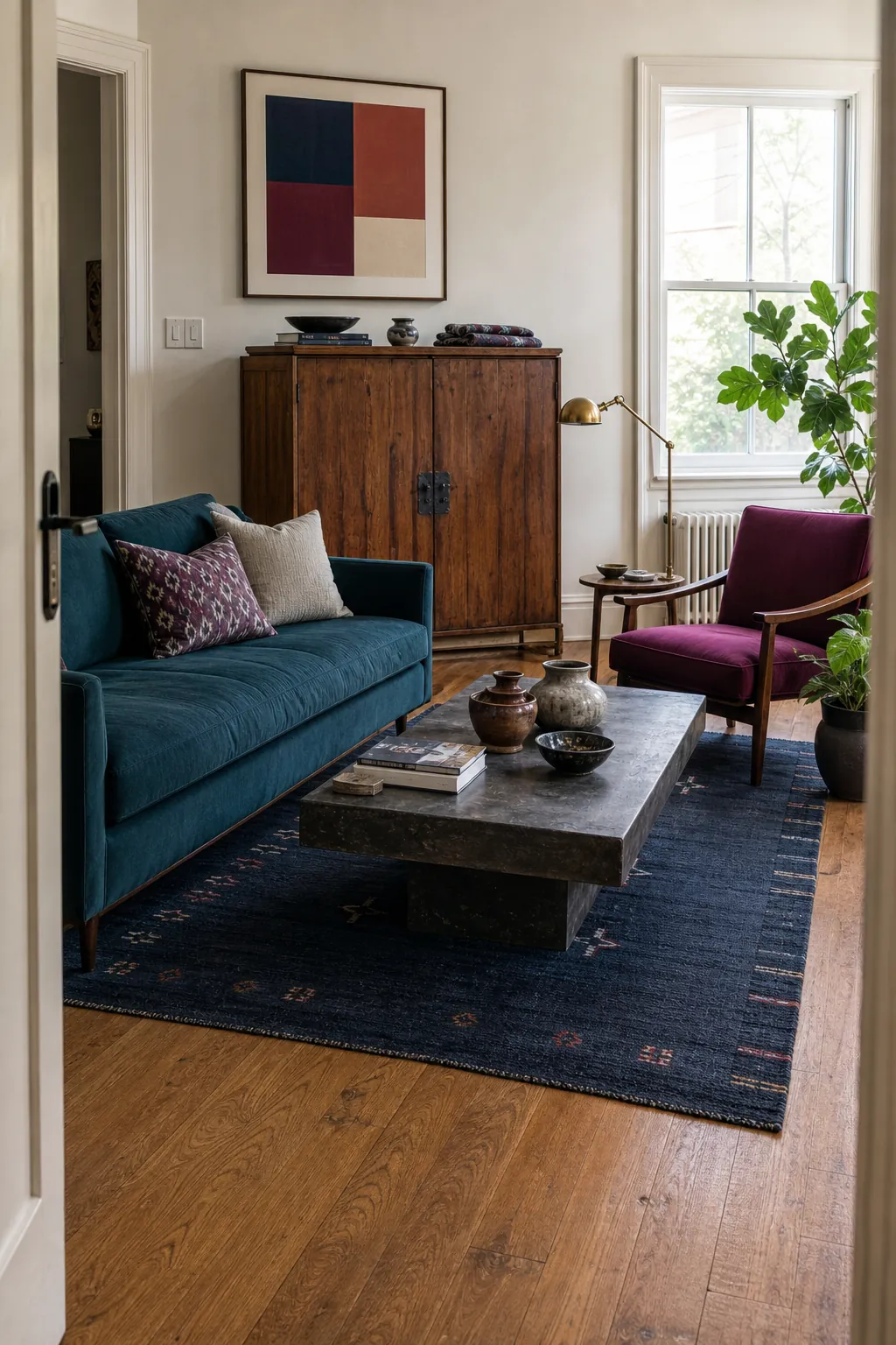 Layered Asian eclectic room edited with clear visual hierarchy