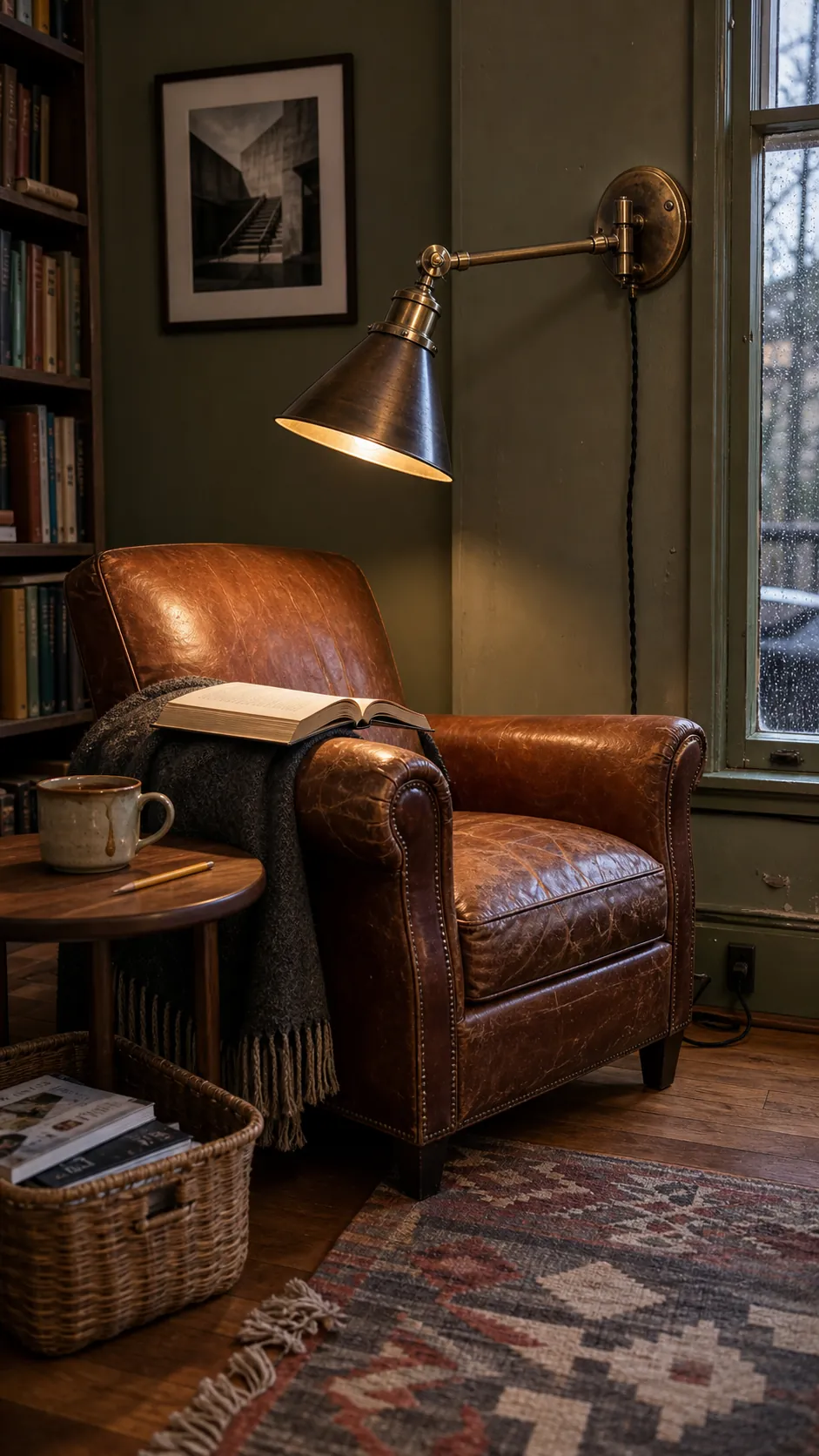 Antique brass swing arm wall light over a comfortable reading chair