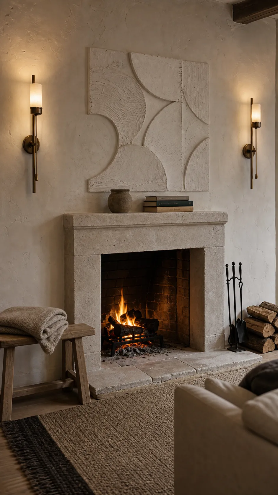 Slim antique brass sconces framing a warm stone fireplace