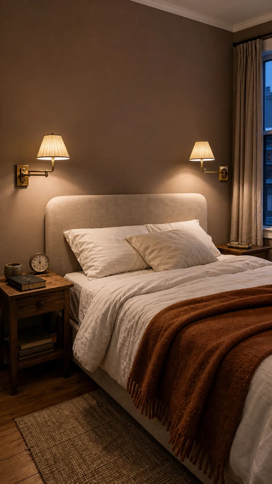 Antique brass shaded wall sconces beside a cozy upholstered bed